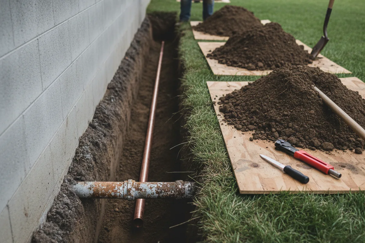 Excavated water line trench during Water Softener Installation in Bardwell